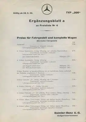 Mercedes-Benz Typ 200 Ergänungsblatt A zur Preisliste Nr. 6 9.1936