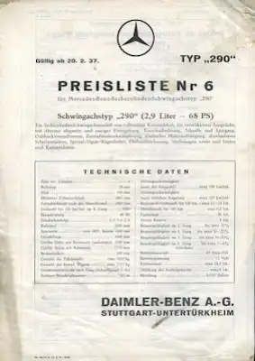 Mercedes-Benz Typ 290 Preisliste Nr. 6 2.1937