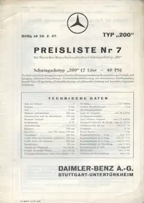 Mercedes-Benz Typ 200 Preisliste Nr. 7 2.1937