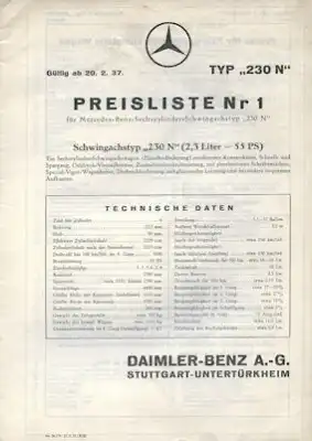 Mercedes-Benz Typ 230 N Preisliste Nr. 1 2.1937
