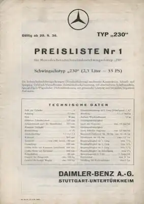 Mercedes-Benz Typ 230 Preisliste Nr. 1 9.1936