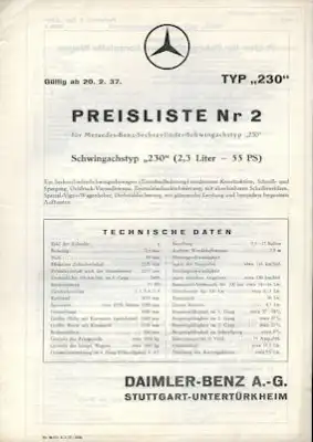 Mercedes-Benz Typ 230 Preisliste Nr. 2 2.1937