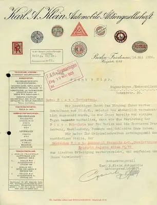 Karl. A. Klein Automobile AG Berlin Brief 1926