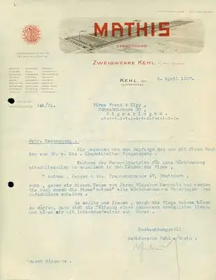 Mathis Zweigwerk Kehl Brief 1927