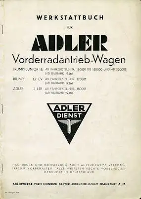 Adler Vorderradantrieb-Wagen Werkstattbuch 1939