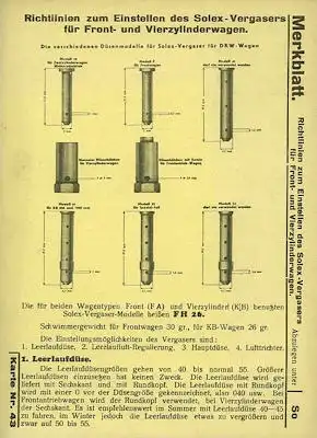 DKW / Solex Vergaser Merkblatt ca. 1931