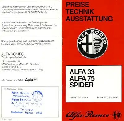 Alfa-Romeo Preisliste 9.1987