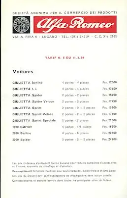 Alfa-Romeo Preisliste 3.1959 Ch