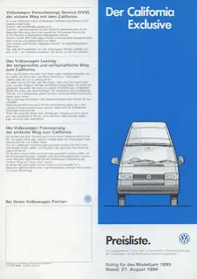 VW T 4 California Exclusive Preisliste 8.1994