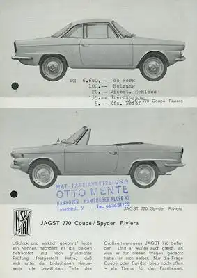 NSU-Fiat Jagst 770 Coupé / Spyder Riviera Prospekt 6.1961