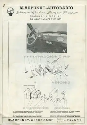 Fiat 600 Einbauanleitung für Blaupunkt Autoradio 9.1954