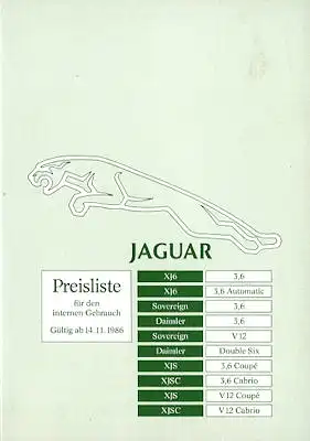 Jaguar alle Modelle Preisliste 11.1986