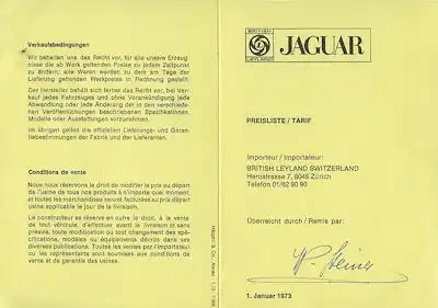 Jaguar Preisliste der Schweiz 1.1973