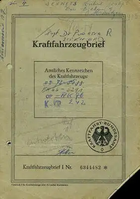 VW Käfer Original Fahrzeugbrief 1953