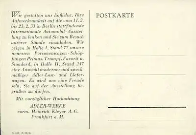 Adler Trumpf Cabriolet Ansichtskarte 1933