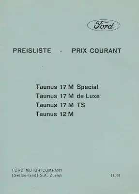 Ford Preisliste der Schweiz 11.1961