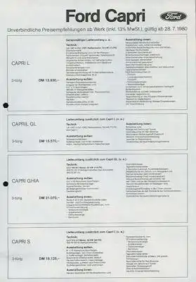Ford Capri III Preisliste 7.1980