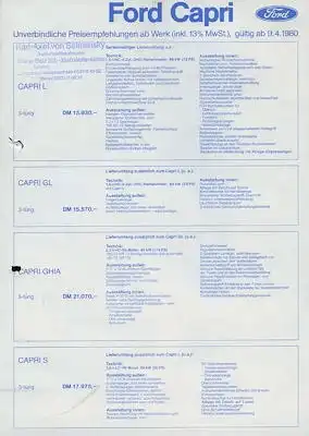 Ford Capri III Preisliste 4.1980