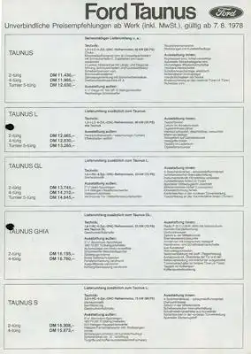 Ford Taunus Preisliste 8.1978