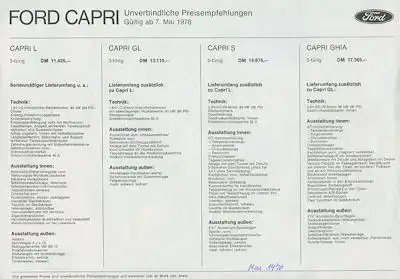 Ford Capri II Preisliste 5.1976