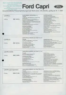 Ford Capri III Preisliste 7.1981