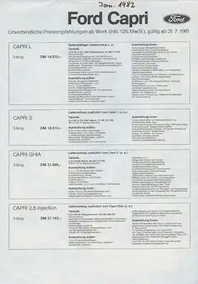 Ford Capri III Preisliste 7.1981