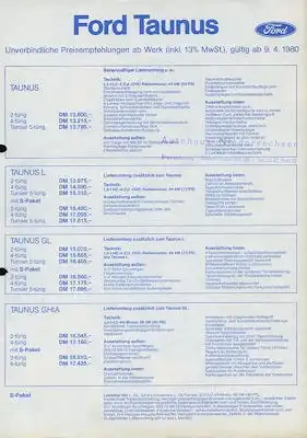 Ford Taunus Preisliste 4.1980
