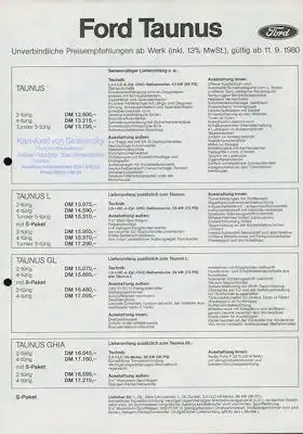 Ford Taunus Preisliste 9.1980