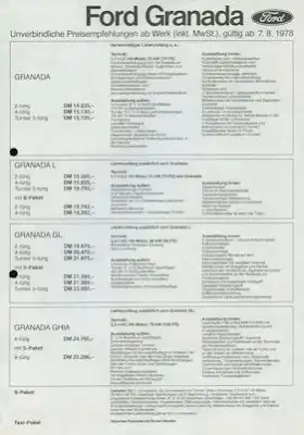 Ford Granada Preisliste 8.1978