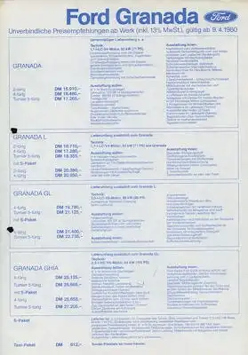 Ford Granada Preisliste 4.1980