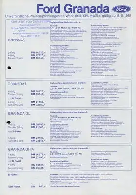 Ford Granada Preisliste 5.1981