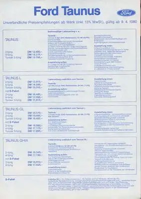 Ford Taunus Preisliste 4.1980