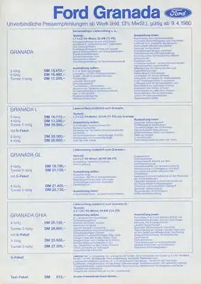 Ford Granada Preisliste 4.1980