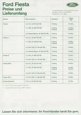 Ford Fiesta Preisliste 2.1984