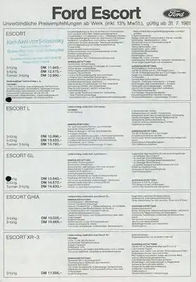 Ford Escort Preisliste 7.1981