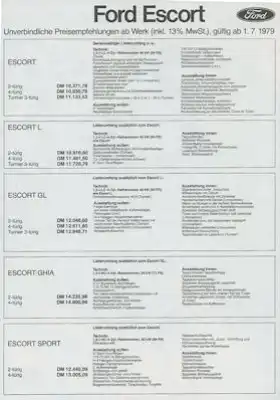 Ford Escort Preisliste 7.1979