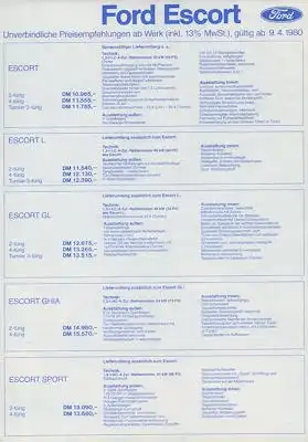 Ford Escort Preisliste 4.1980