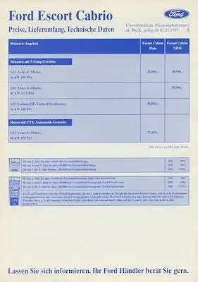 Ford Escort Cabriolet Preisliste 5.1997