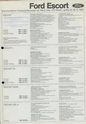 Ford Escort Preisliste 9.1980