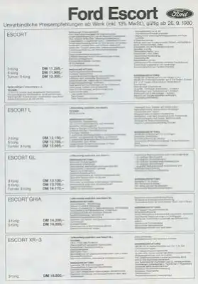 Ford Escort Preisliste 9.1980