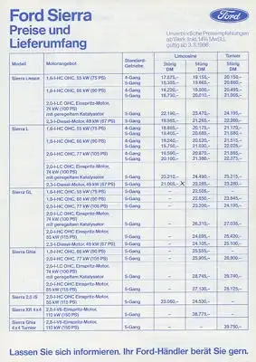 Ford Sierra Preisliste 3.1986