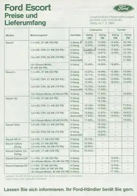 Ford Escort Preisliste 2.1984