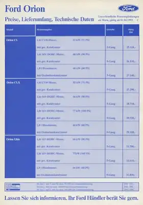 Ford Orion Preisliste 4.1993