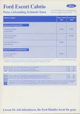 Ford Escort Cabriolet Preisliste 4.1996