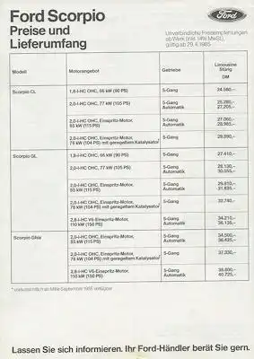 Ford Scorpio Preisliste 4.1985