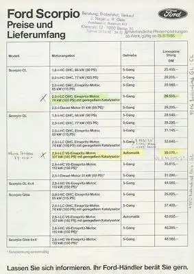 Ford Scorpio Preisliste 8.1986