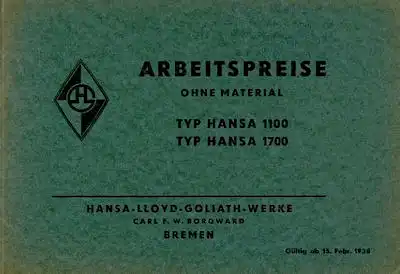 Hansa Typ 1100 1700 Arbeitspreise 1938
