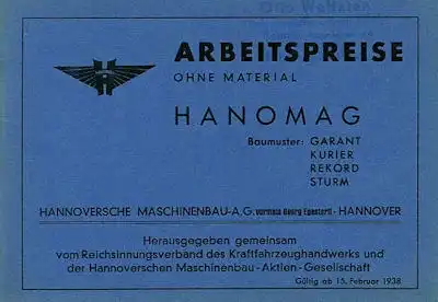 Hanomag Arbeitspreise 1938