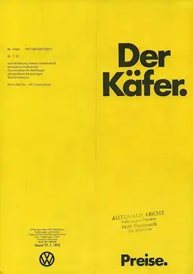 VW Käfer Preisliste 1.1972