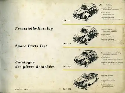 VW Käfer Ersatzteilliste 8.1954